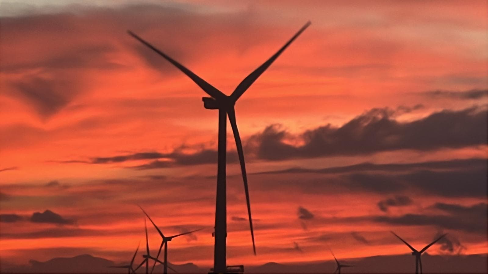 Offshore wind turbines at sunset